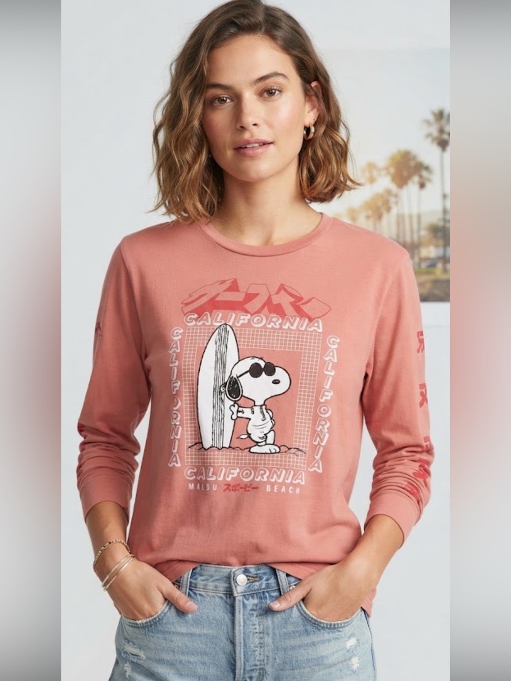 Peanuts Snoopy California Malibu Beach Graphic Long Sleeve Tee Shirt